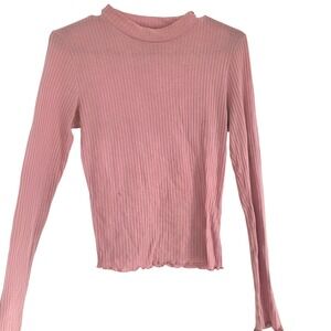 Trendy JS Pink Ribbed Mock Neck Long Sleeve Lettuce Hem Cropped Top